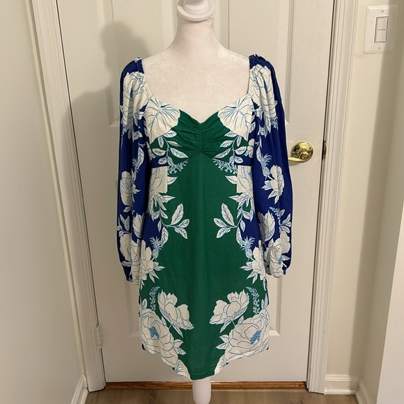 Farm Rio Soft Garden Linen Blend Puff Sleeve Mini Dress Floral Blue NWT Size XS - Picture 7 of 16